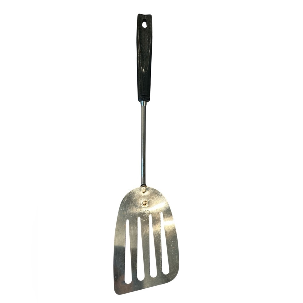 Vintage Ekco Keyhole Slotted Spatula USA Metal Chrome Black Handle 13" Long READ